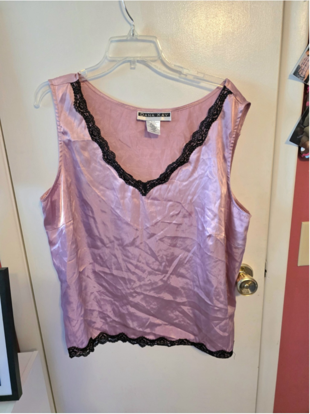 Dana Kay Camisole Top Womens 20W Light Pink Satin Sleeveless Black Lace Trim